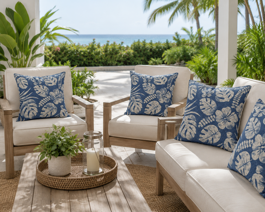 Outdoor patio set with blue cushions and beige patterned pillows, surrounded by greenery and ocean view.