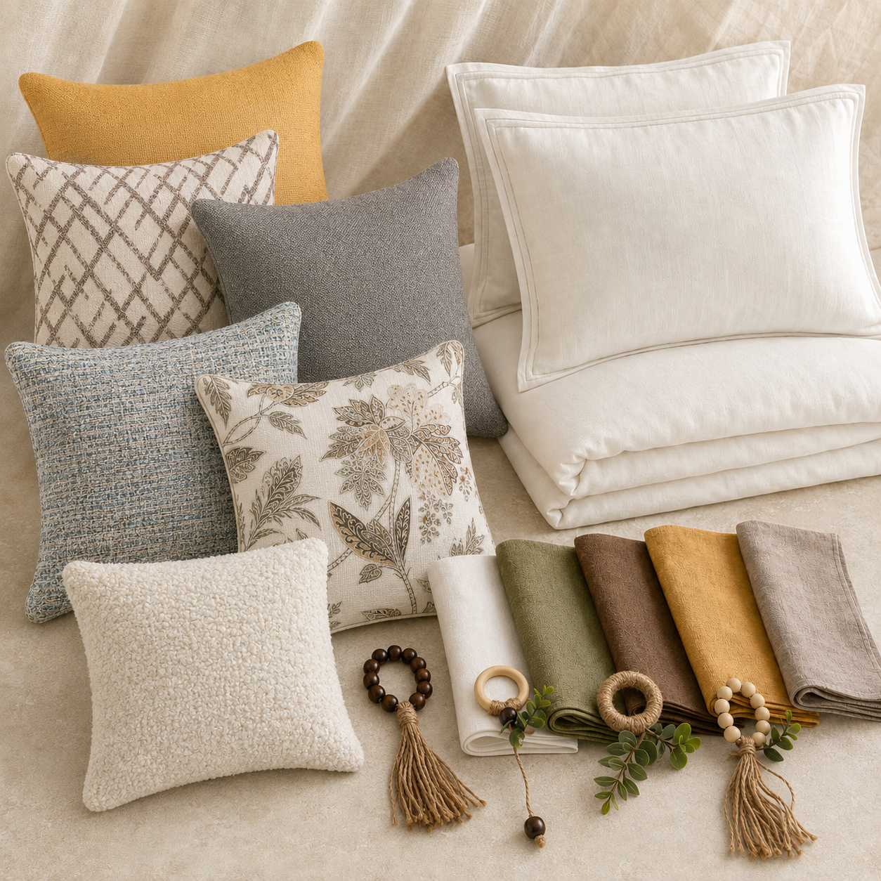 Six patterned and textured cushion covers, a neutral duvet set, and coloured linen napkins with coordinating rings from Tamaynes Decor.