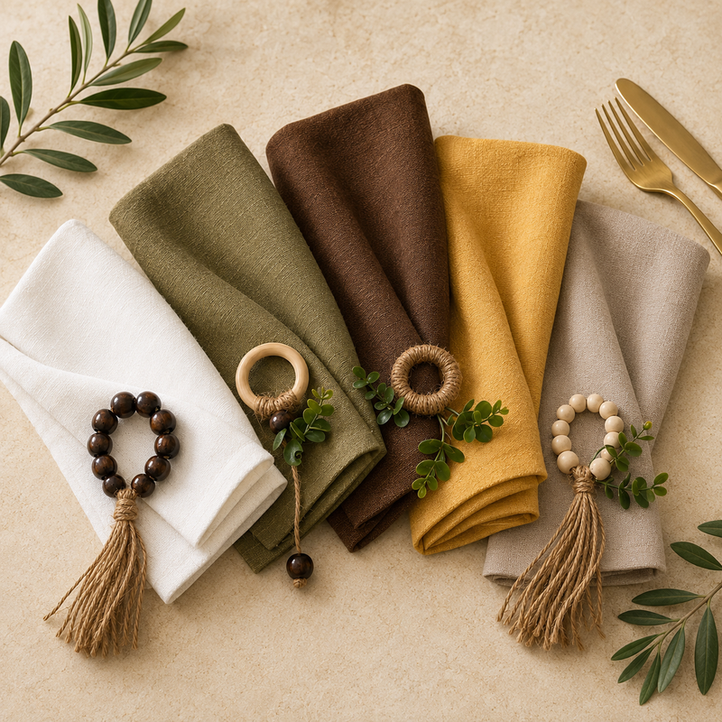 White, olive green, coffee brown, mustard yellow and taupe linen napkins displayed with coordinating napkin rings.