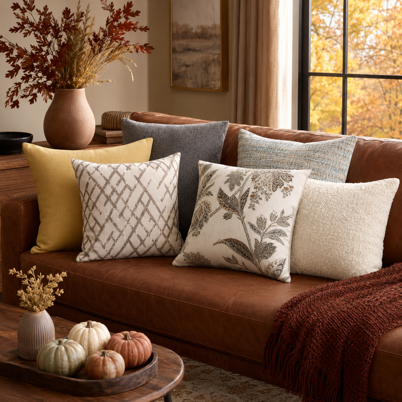 Mustard, grey, blue, ivory, geometric and botanical cushion covers styled on a cognac sofa for fall.
