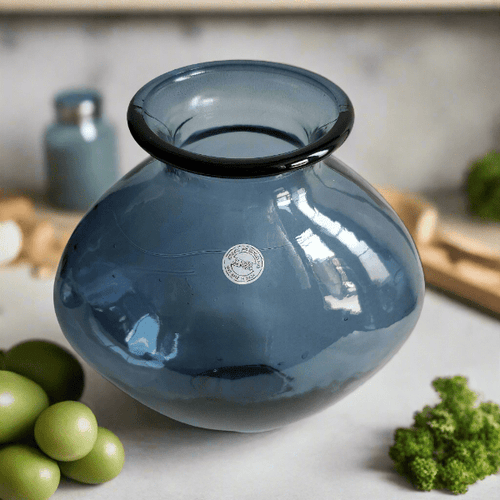 10.25" Navy Blue Recycled Glass Vase on counter  