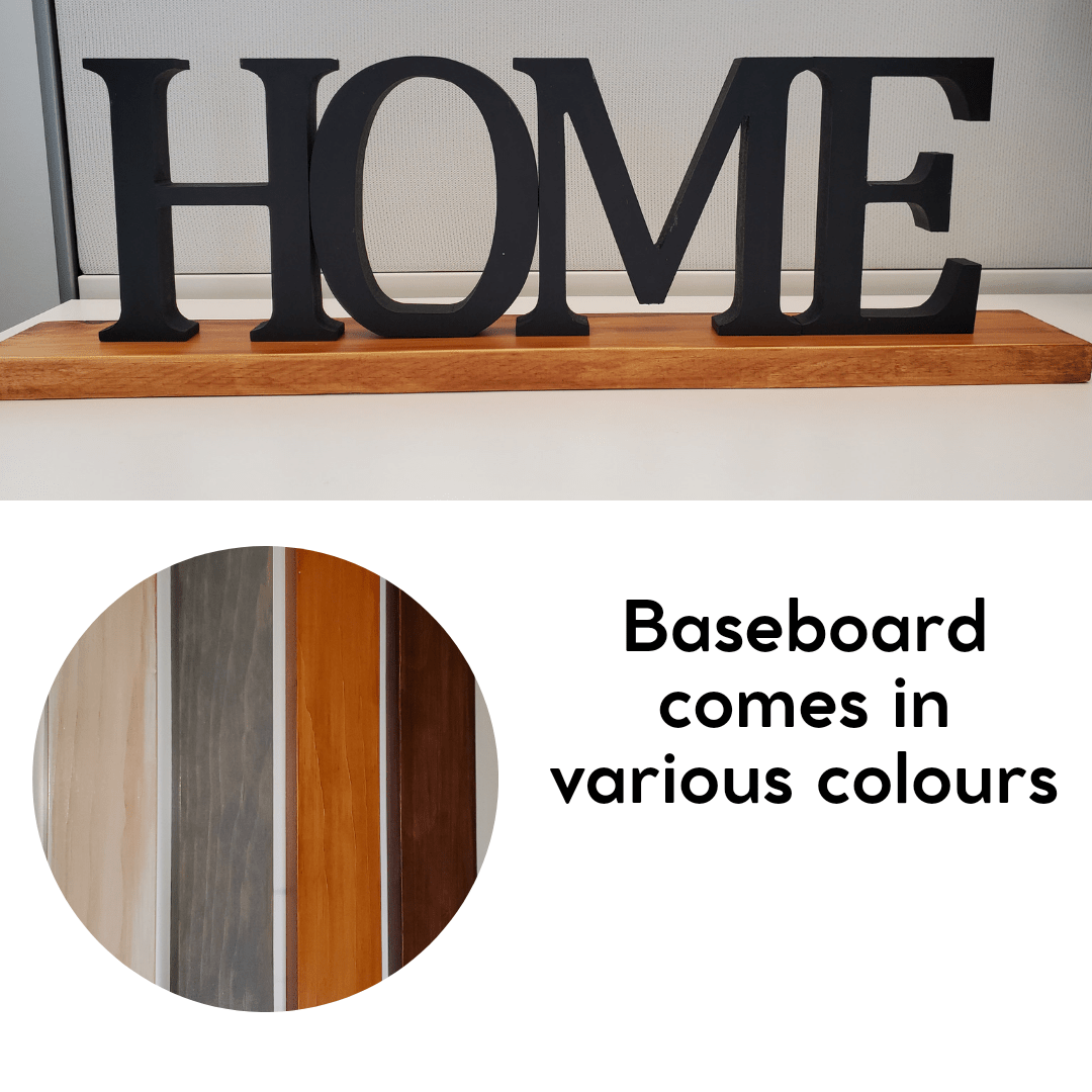 Rustic black HOME sign with wood base