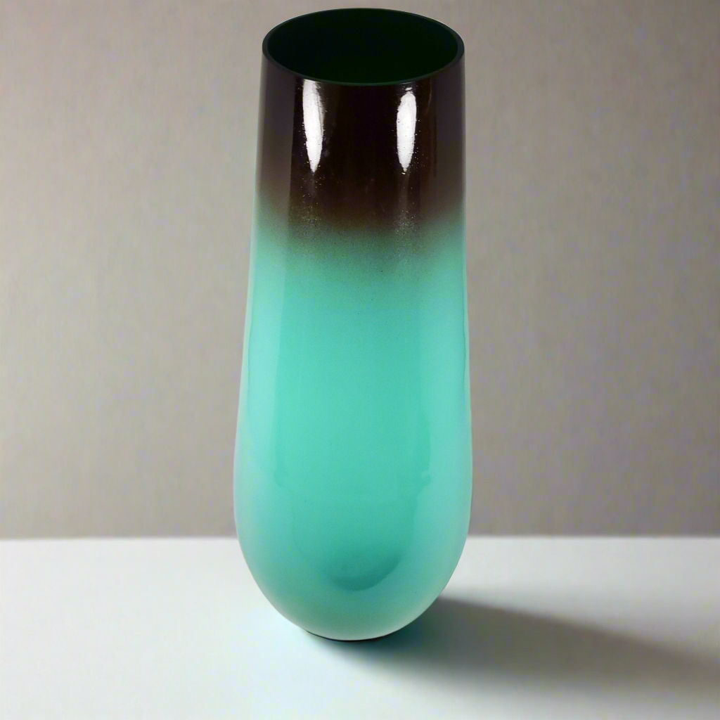 Aqua and brown cylindrical glass vase front view