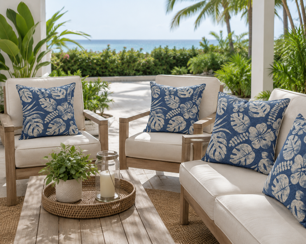 Outdoor patio set with blue cushions and beige patterned pillows, surrounded by greenery and ocean view.