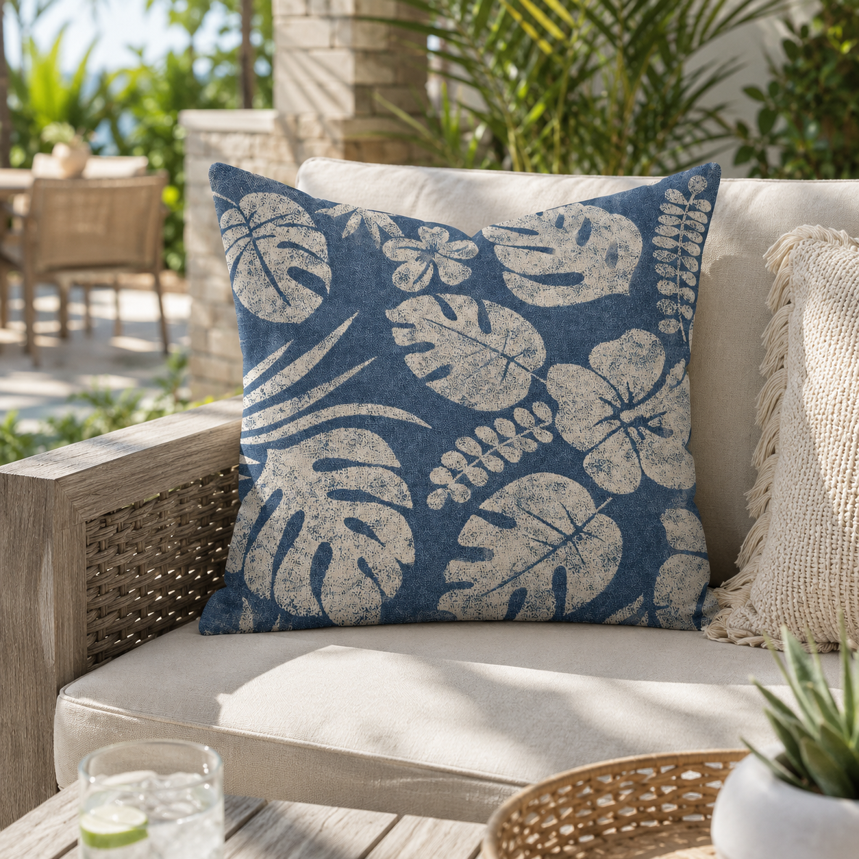 Blue leaf-patterned pillow on a beige outdoor sofa with a garden background