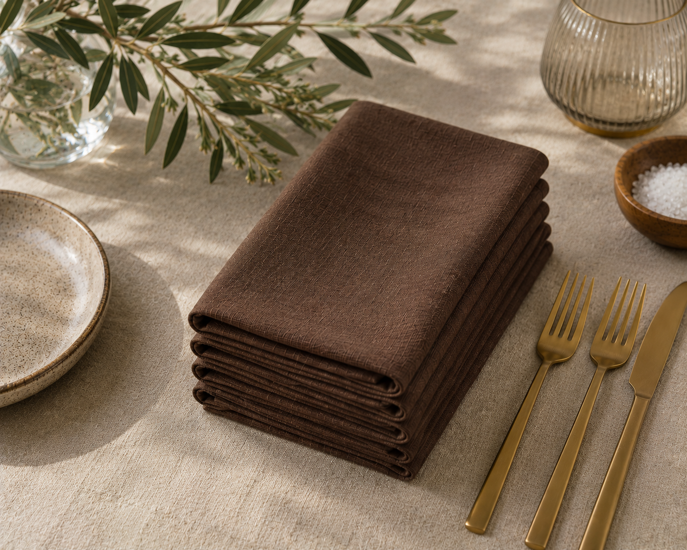 A stack of dark brown linen napkins on a beige tablecloth, styled with gold-toned flatware, a ceramic plate, a glass vase with olive branches, and a small bowl of salt.