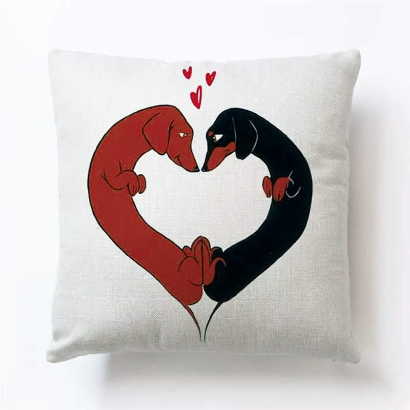 Heart-shaped dachshund cushion cover with two dachshunds forming a heart