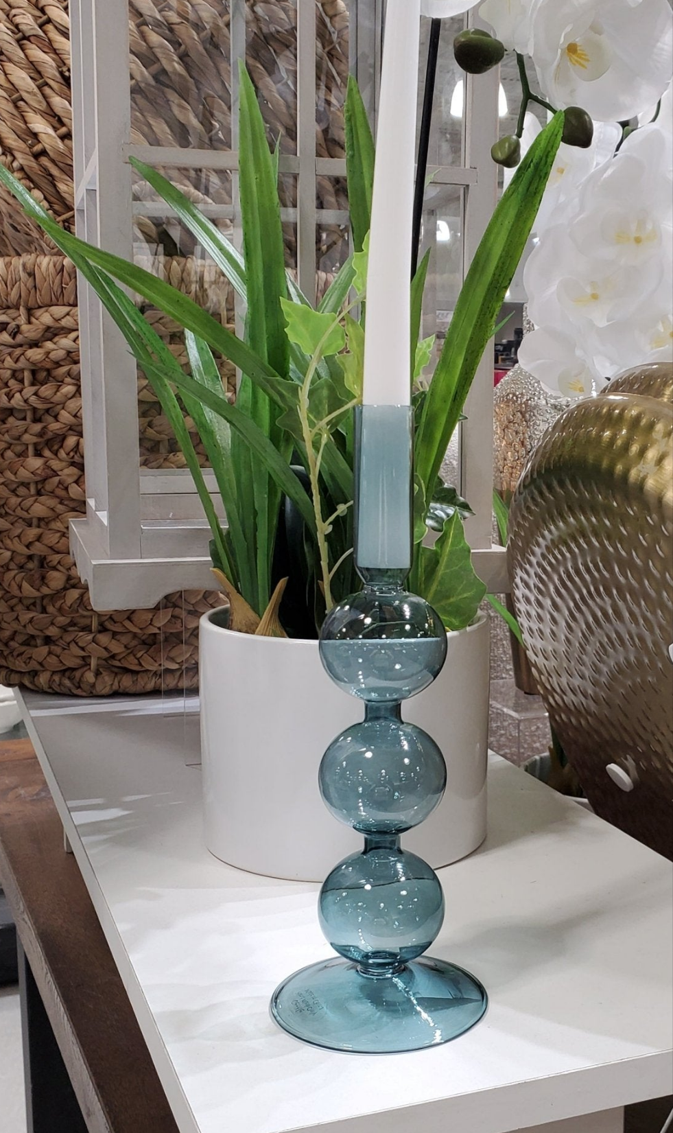 Teal volute candle holder set of 2 size displayed  