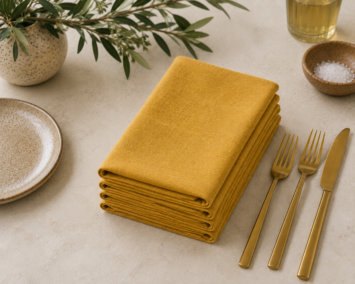 A stack of mustard yellow linen napkins on a light beige surface, styled with gold-toned flatware, a ceramic plate, a small bowl of salt, and olive branches in a vase.
