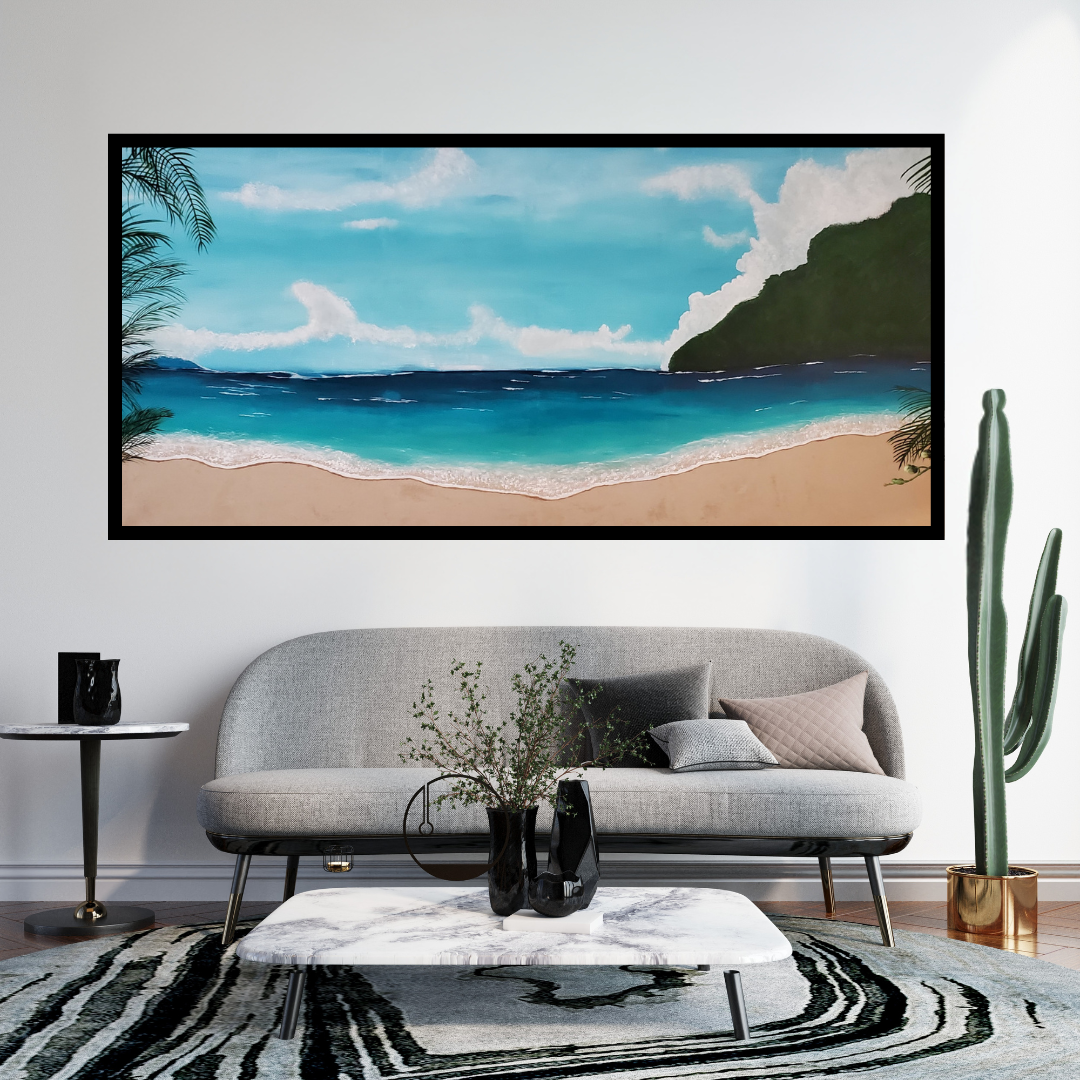 large seascape painting of the beach on the wall