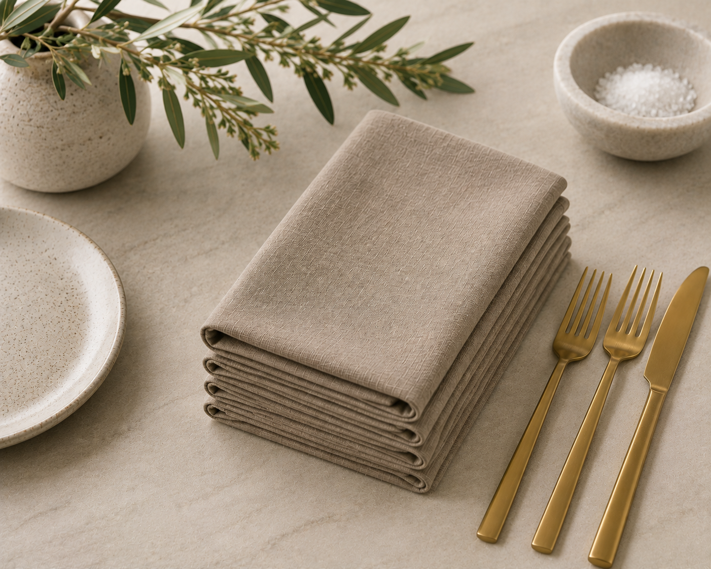 A stack of folded taupe linen napkins on a light stone surface, styled with gold-toned forks and a knife, a ceramic plate, a small bowl of salt, and olive branches in a vase.