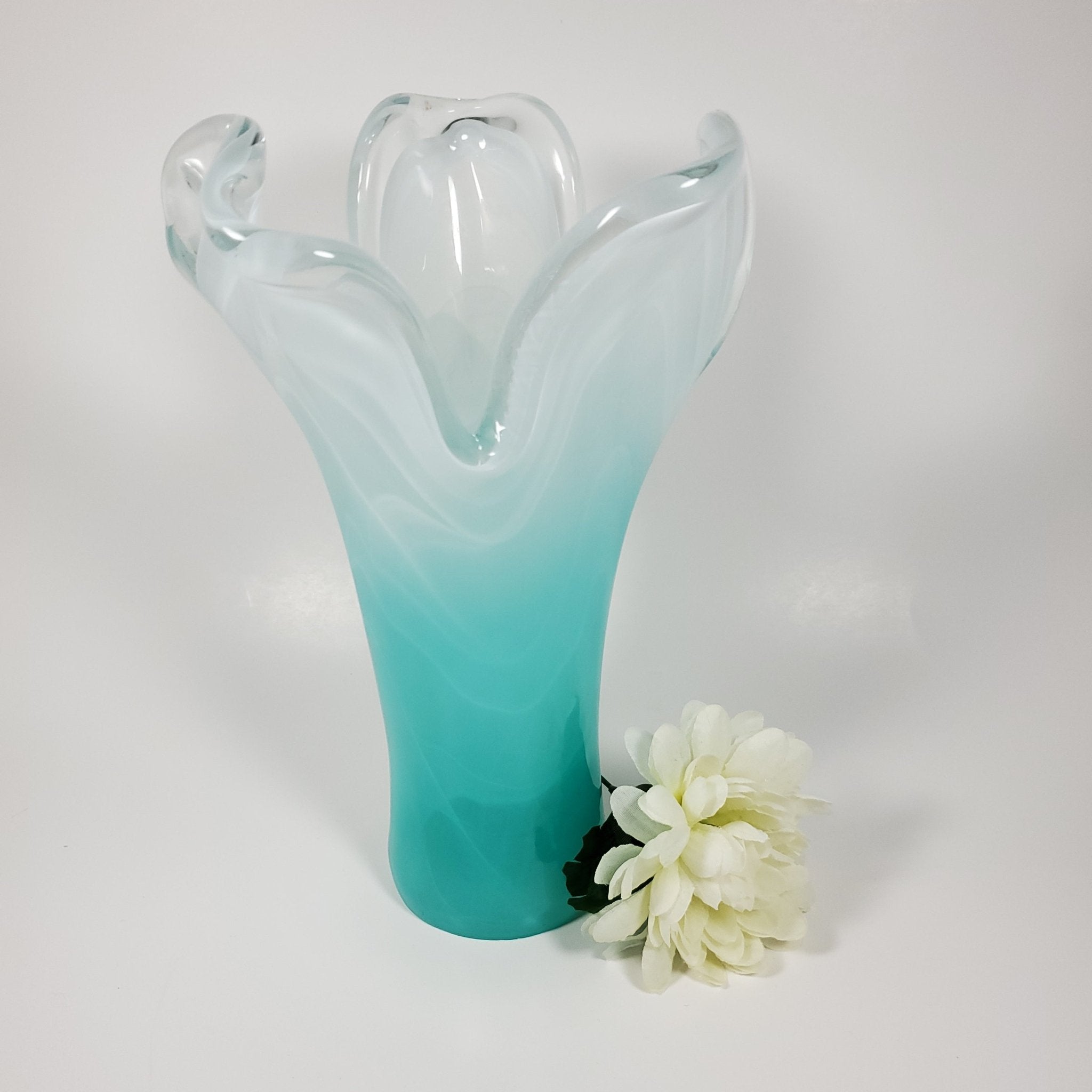 Aqua blue Handkerchief Vintage Glass Vase front view