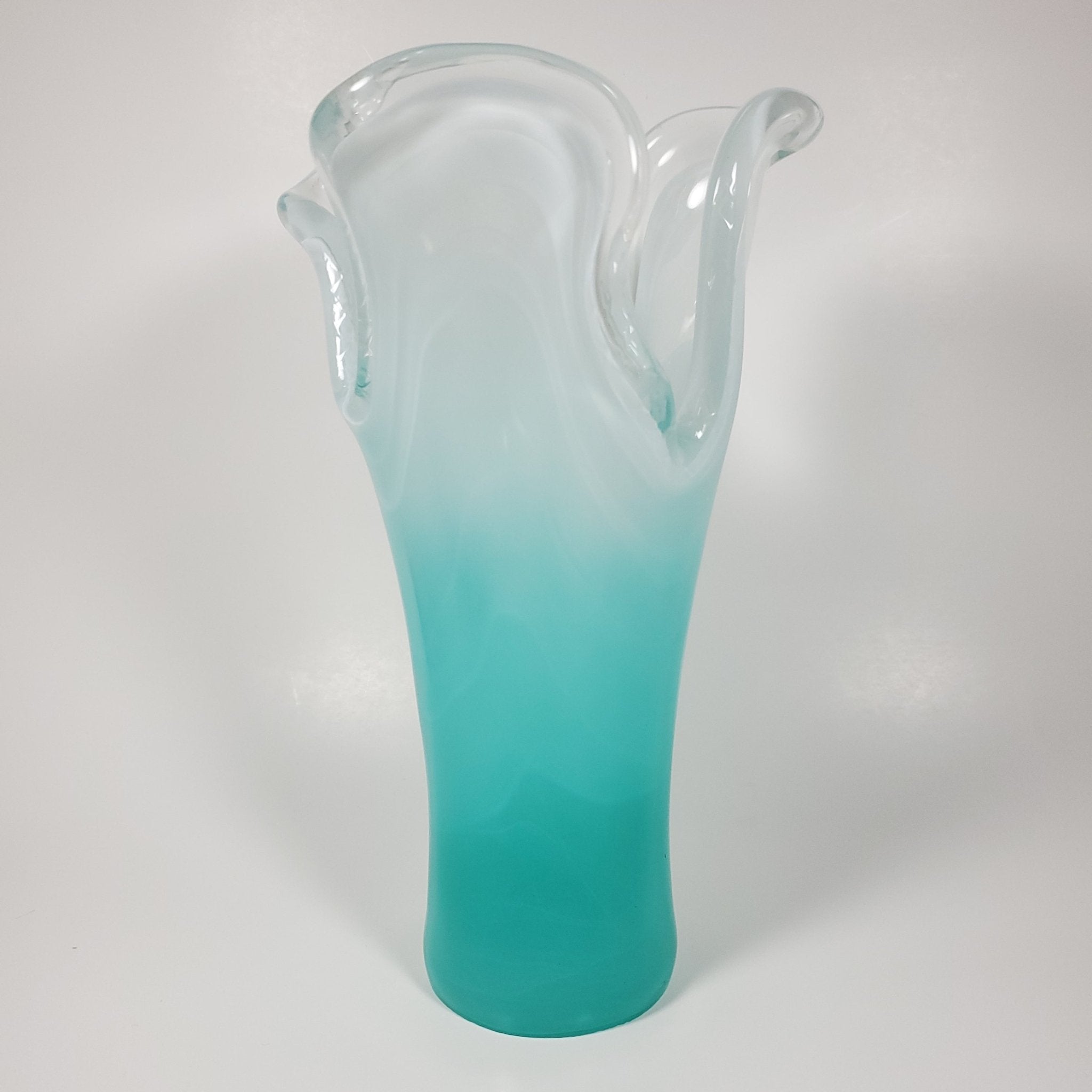 Aqua blue Handkerchief Vintage Glass Vase back view