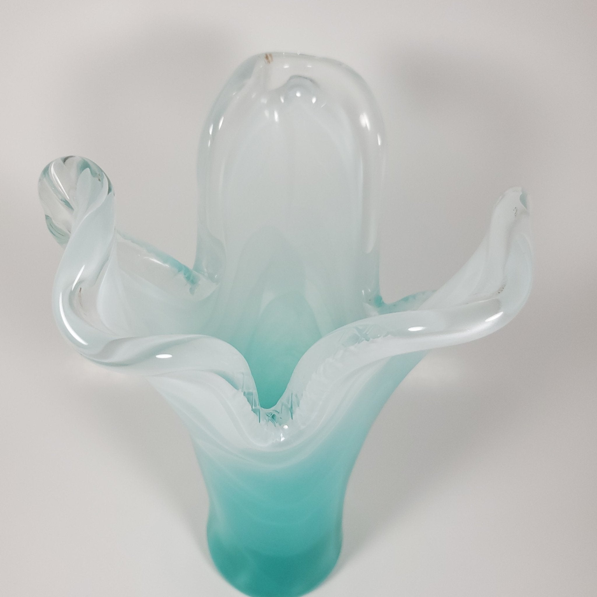 Aqua blue Handkerchief Vintage Glass Vase top view zoomed in 