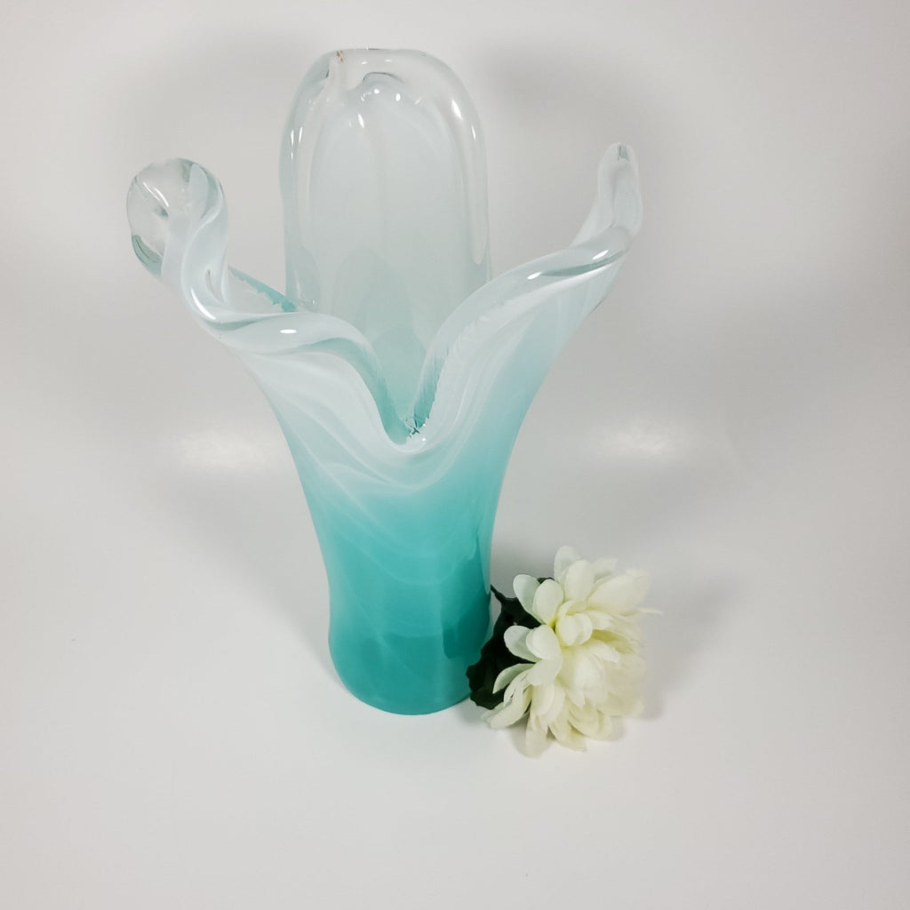 Aqua blue Handkerchief Vintage Glass Vase angled top view