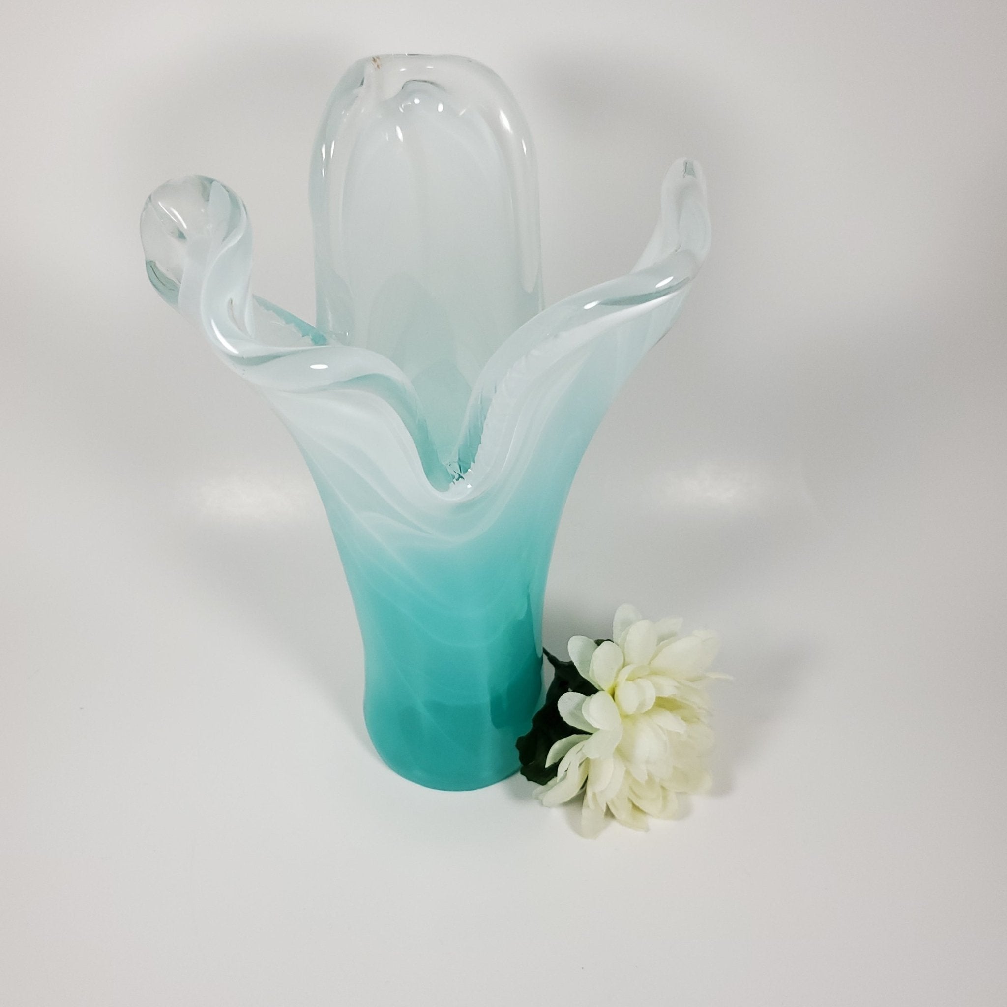 Aqua blue Handkerchief Vintage Glass Vase angled top view