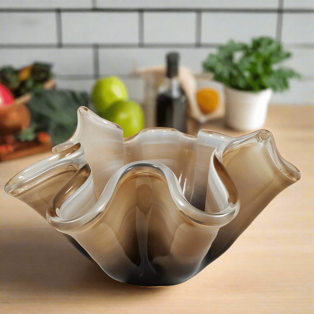 Beige and Brown Handkerchief Glass Vase displayed on kitchen counter