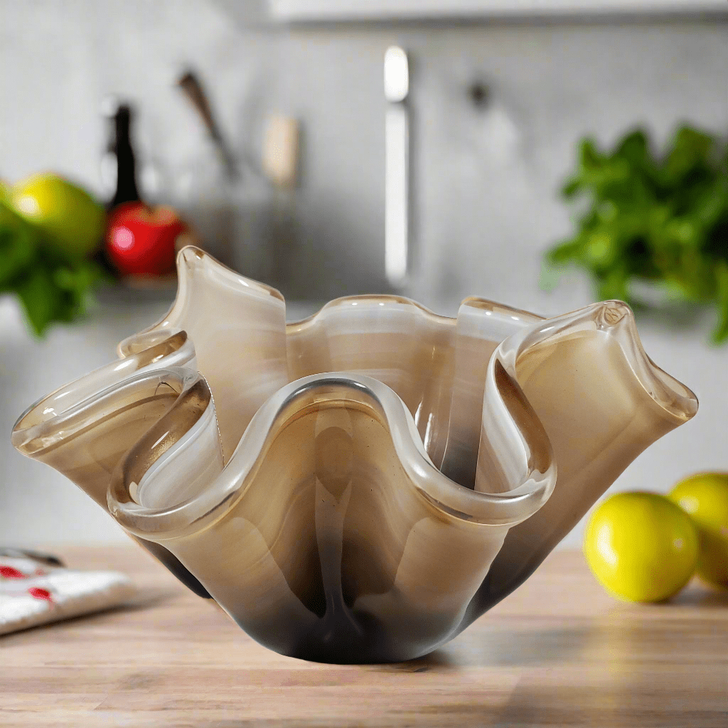 Beige and Brown Handkerchief Glass Vase front view in kitchen