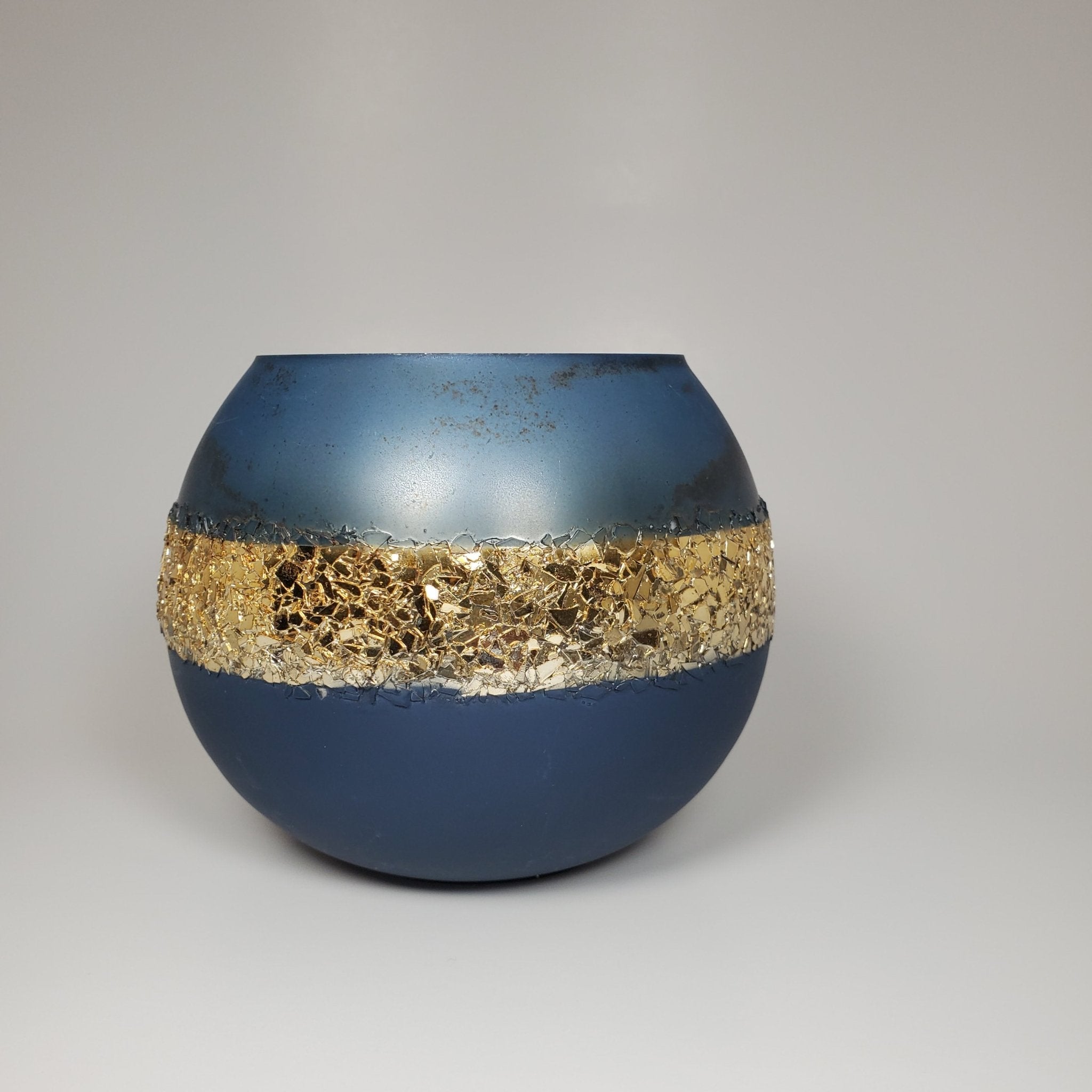Blue and gold glass candle holder front view  