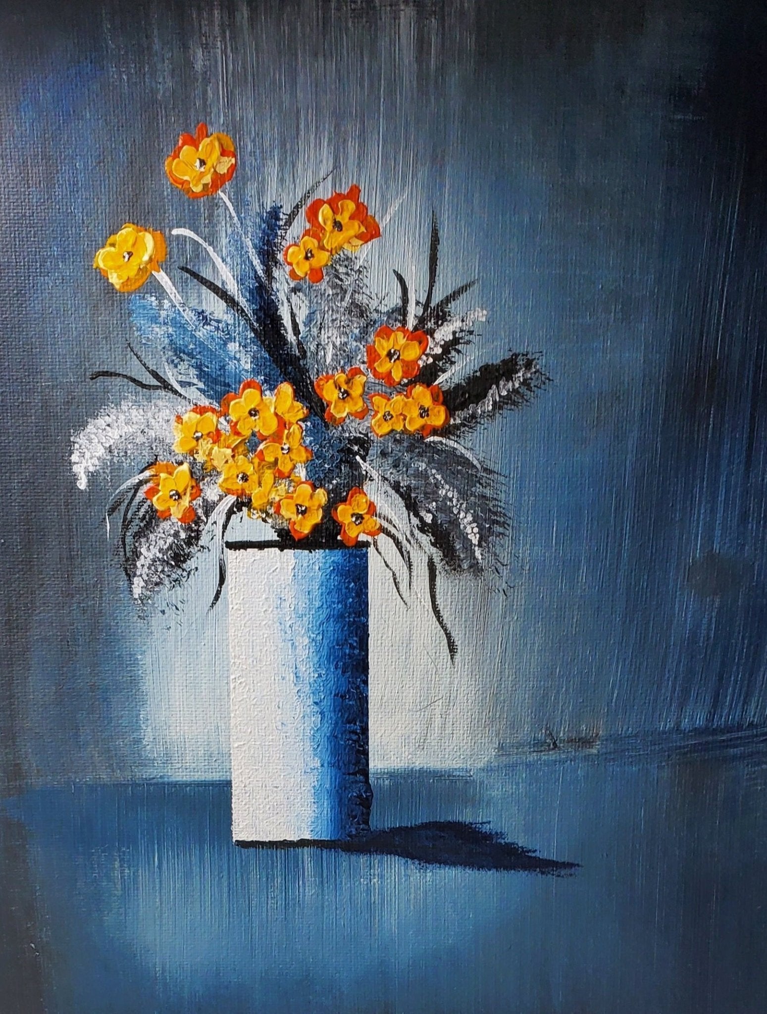 Close view of blue bliss bouquet acrylic painting