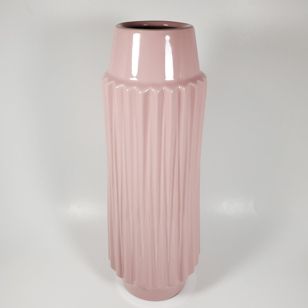 Blush pink ribbled ceramic vase front view