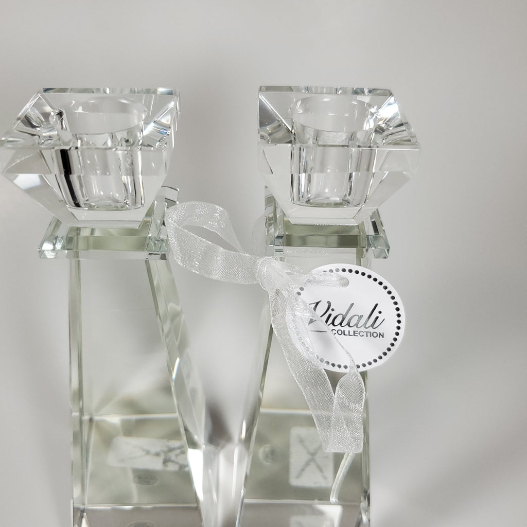 Crystal tappered candle holder angled front view zoomed in