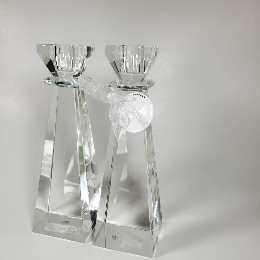 Crystal tappered candle holder angled view