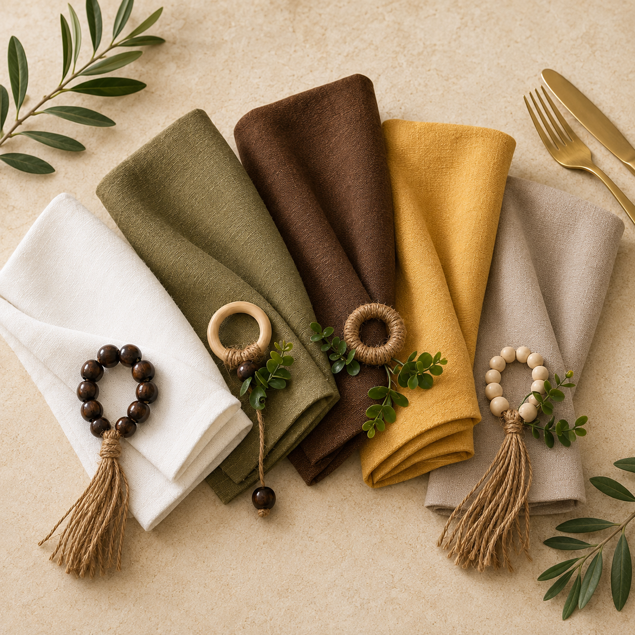 Four folded fabric napkins in white, olive green, dark brown, and mustard yellow, arranged on a beige surface with decorative napkin rings. 