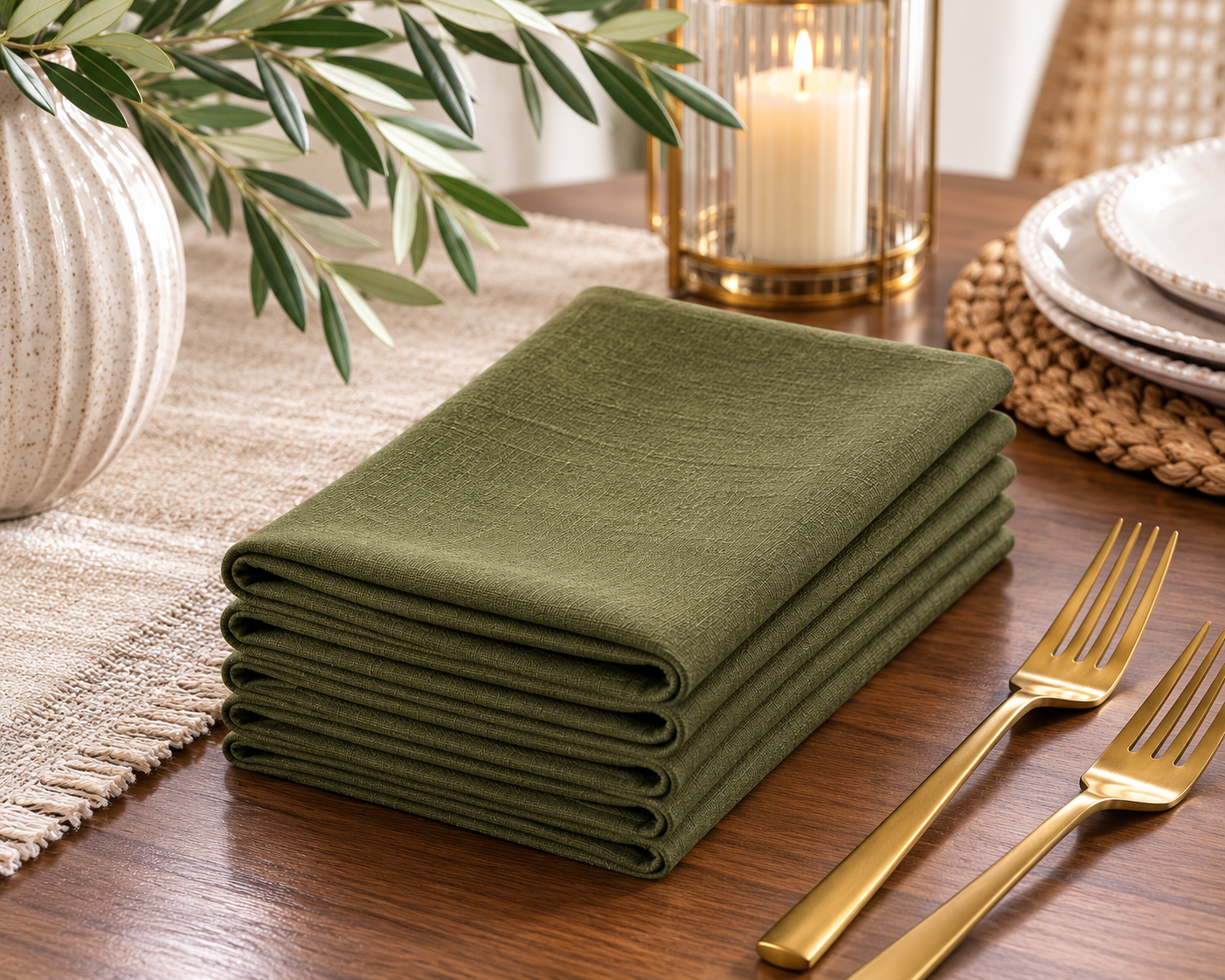 A stack of forrest green folded table linens, likely napkins or placemats, displayed on a wooden table setting with gold forks, plates, a candle, and greenery.