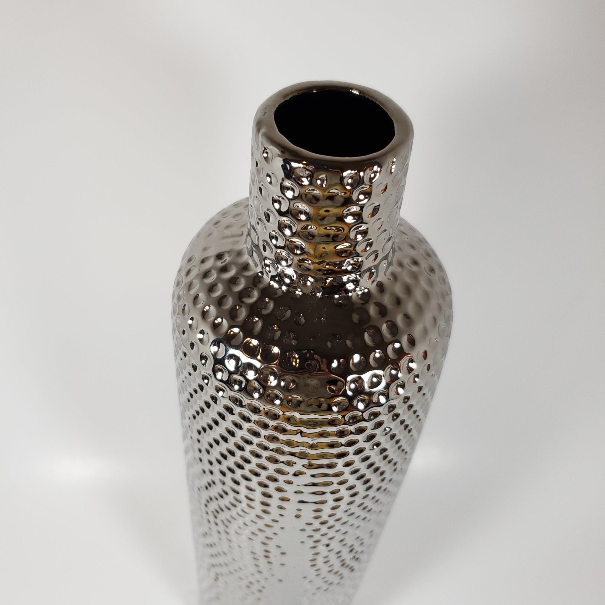 Hammered Texture Silver Ceramic Vase angled top view