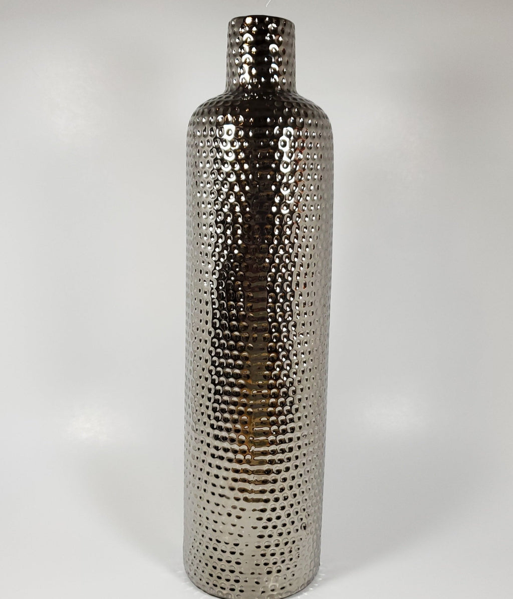 Hammered Texture Silver Ceramic Vase front view