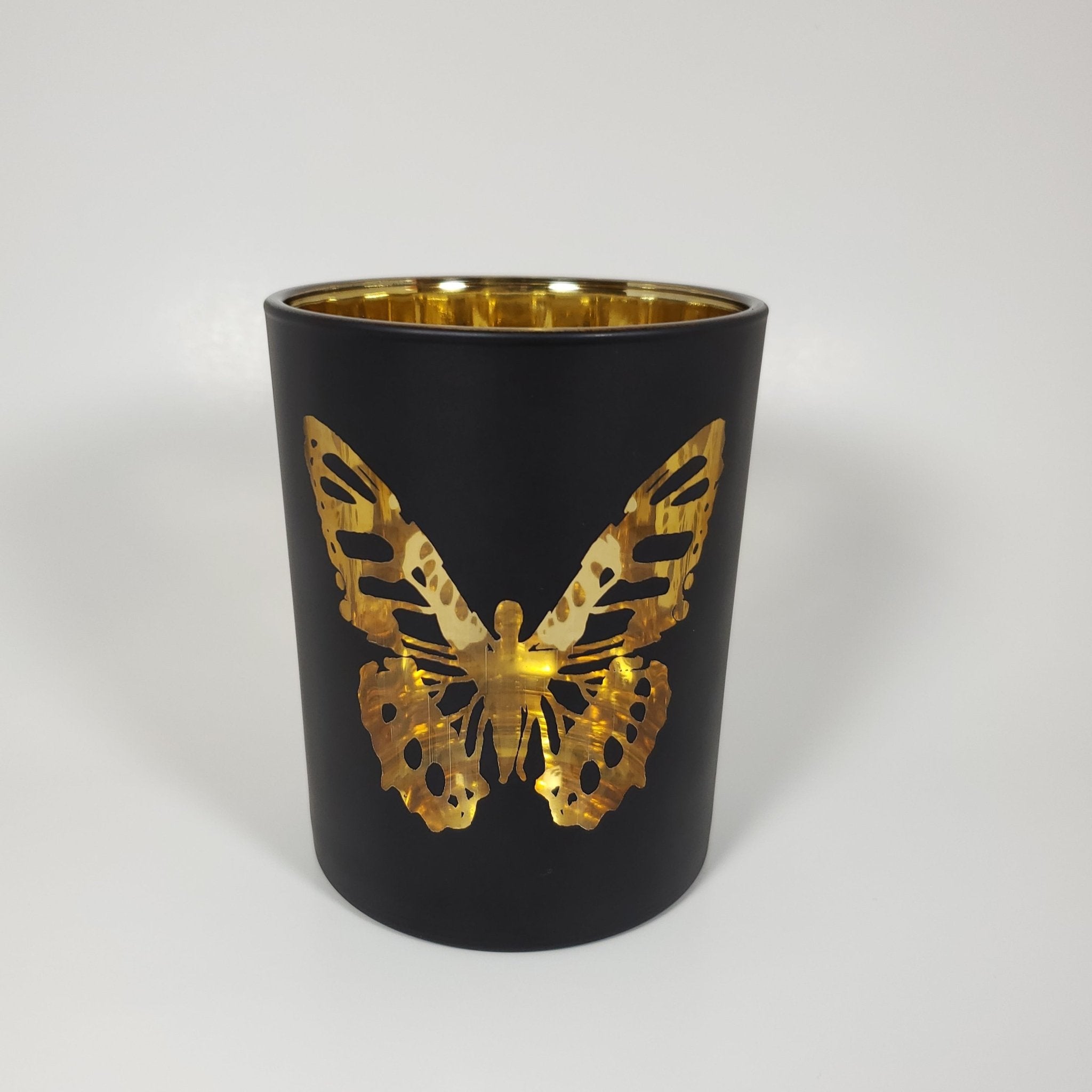 Luxury Matte Black and Gold Butterfly Glass Candle Jar front view