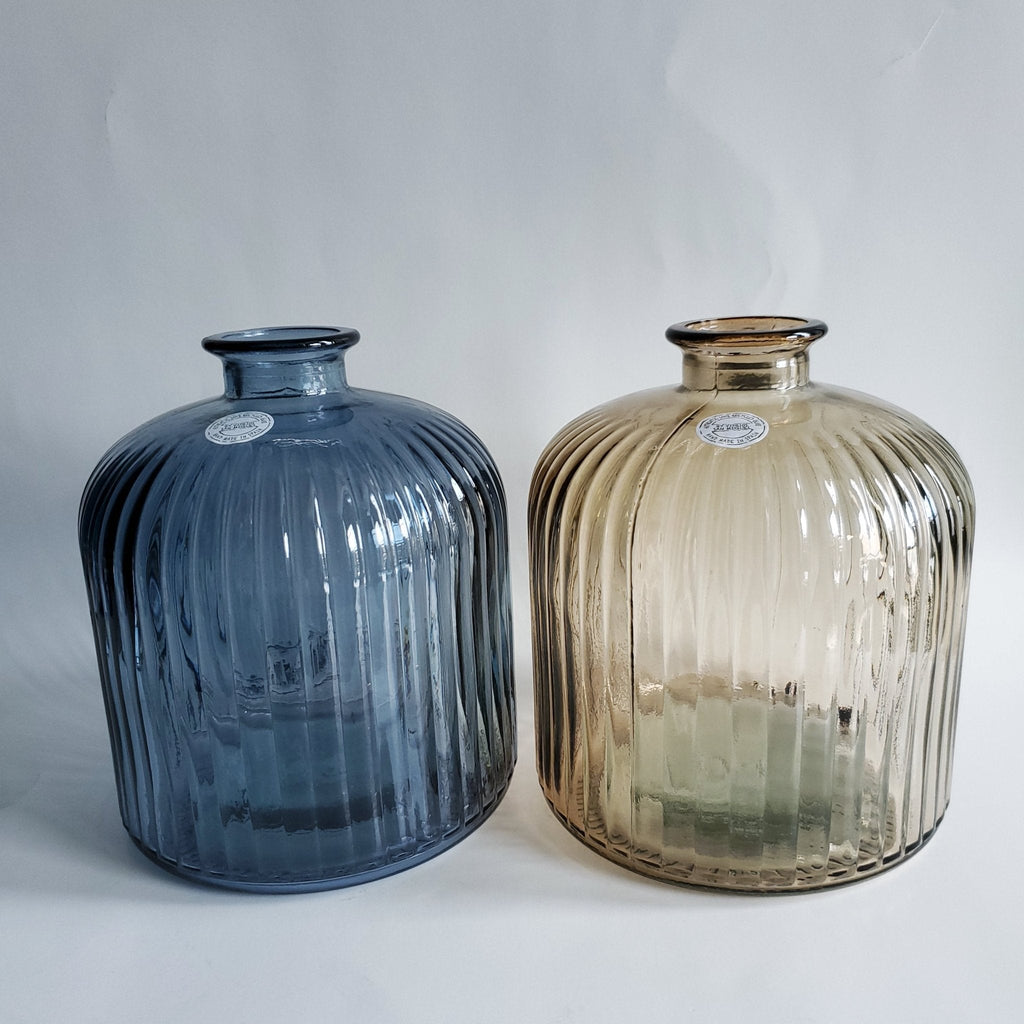 Navy Blue, Amber Ribbed Recycled Glass Vase front view
