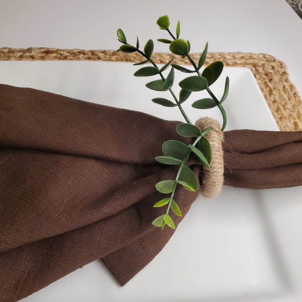 Set de 6 Serviettes et Rond de Serviettes en Lin 100% Châtaigne