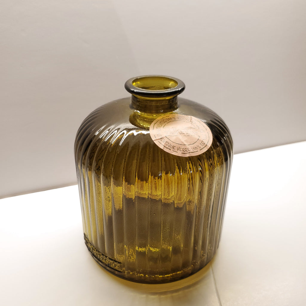 Olive Green Ribbed Recycled Glass Vase