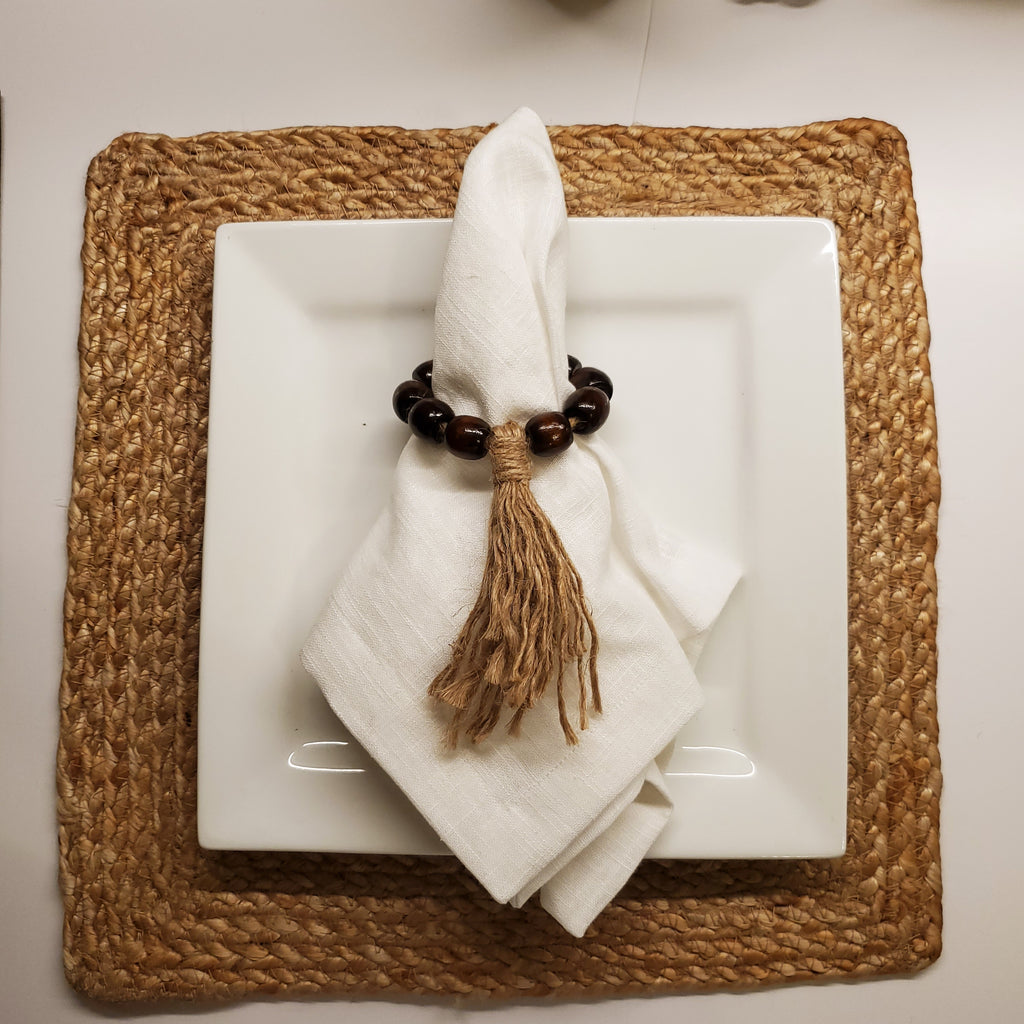 Lot de 6 serviettes et ronds de serviette en lin 100 % blanc « Épis de blé dorés »