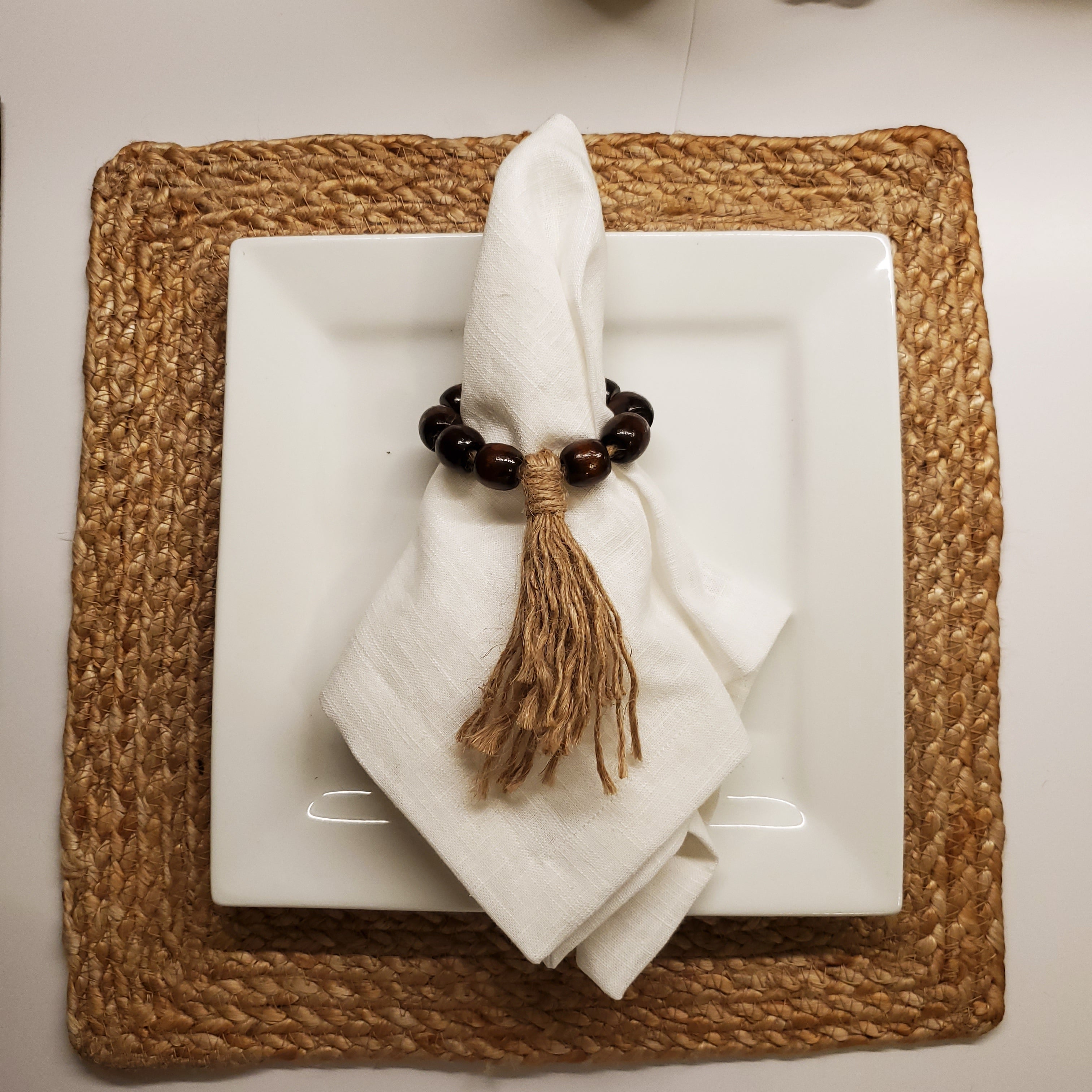 Lot de 6 serviettes et ronds de serviette en lin 100 % blanc « Épis de blé dorés »