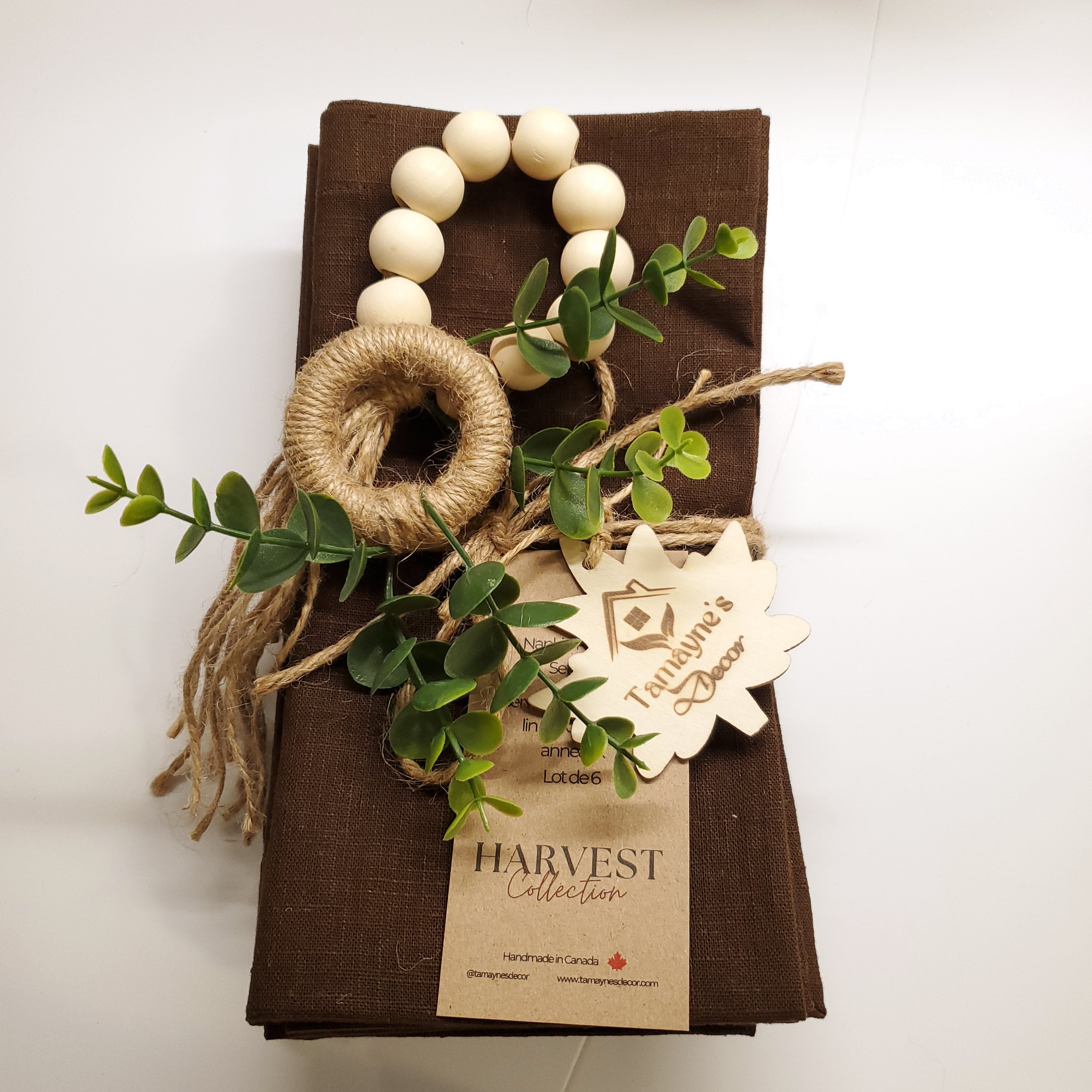 Set de 6 Serviettes et Rond de Serviettes en Lin 100% Châtaigne
