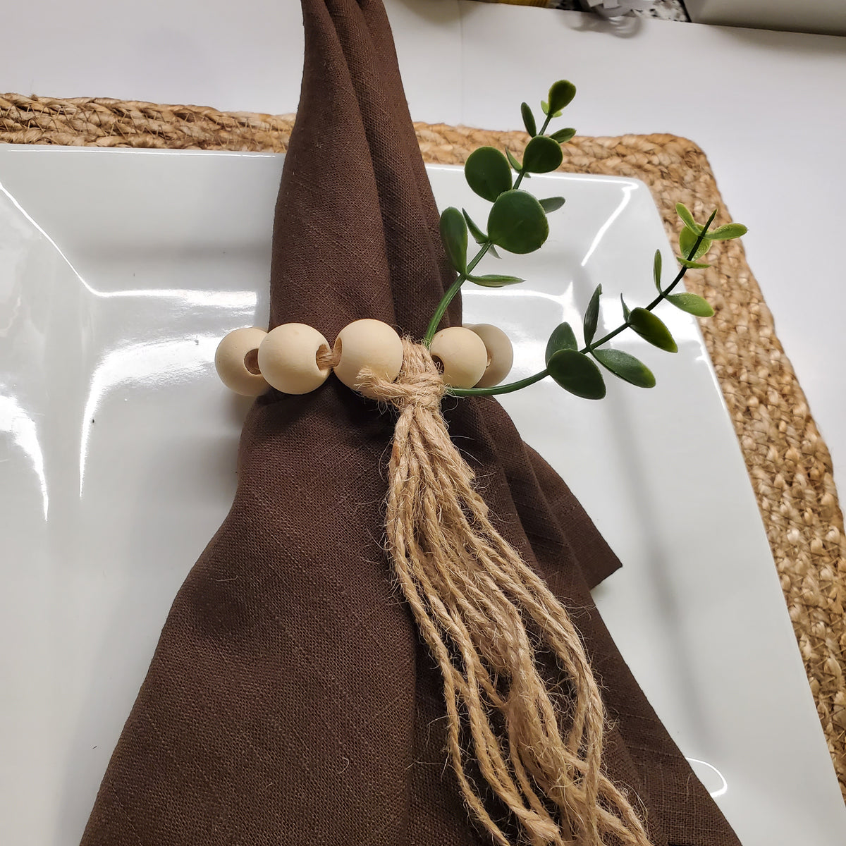 Set de 6 Serviettes et Rond de Serviettes en Lin 100% Châtaigne
