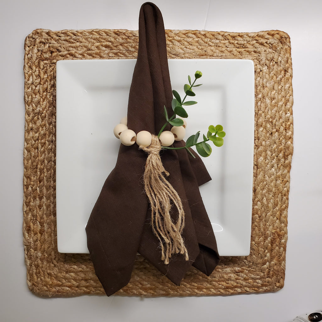 Set de 6 Serviettes et Rond de Serviettes en Lin 100% Châtaigne