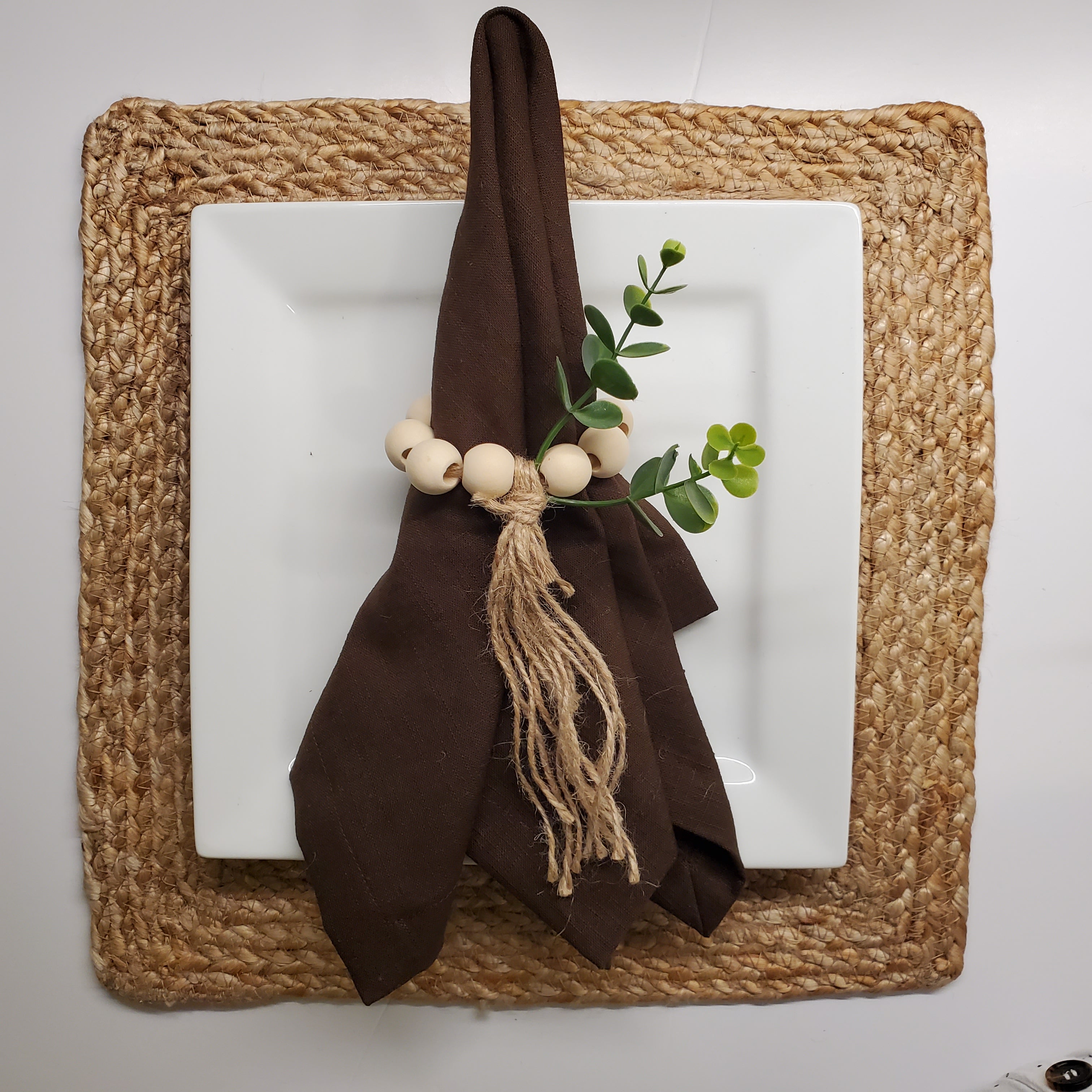 Set de 6 Serviettes et Rond de Serviettes en Lin 100% Châtaigne