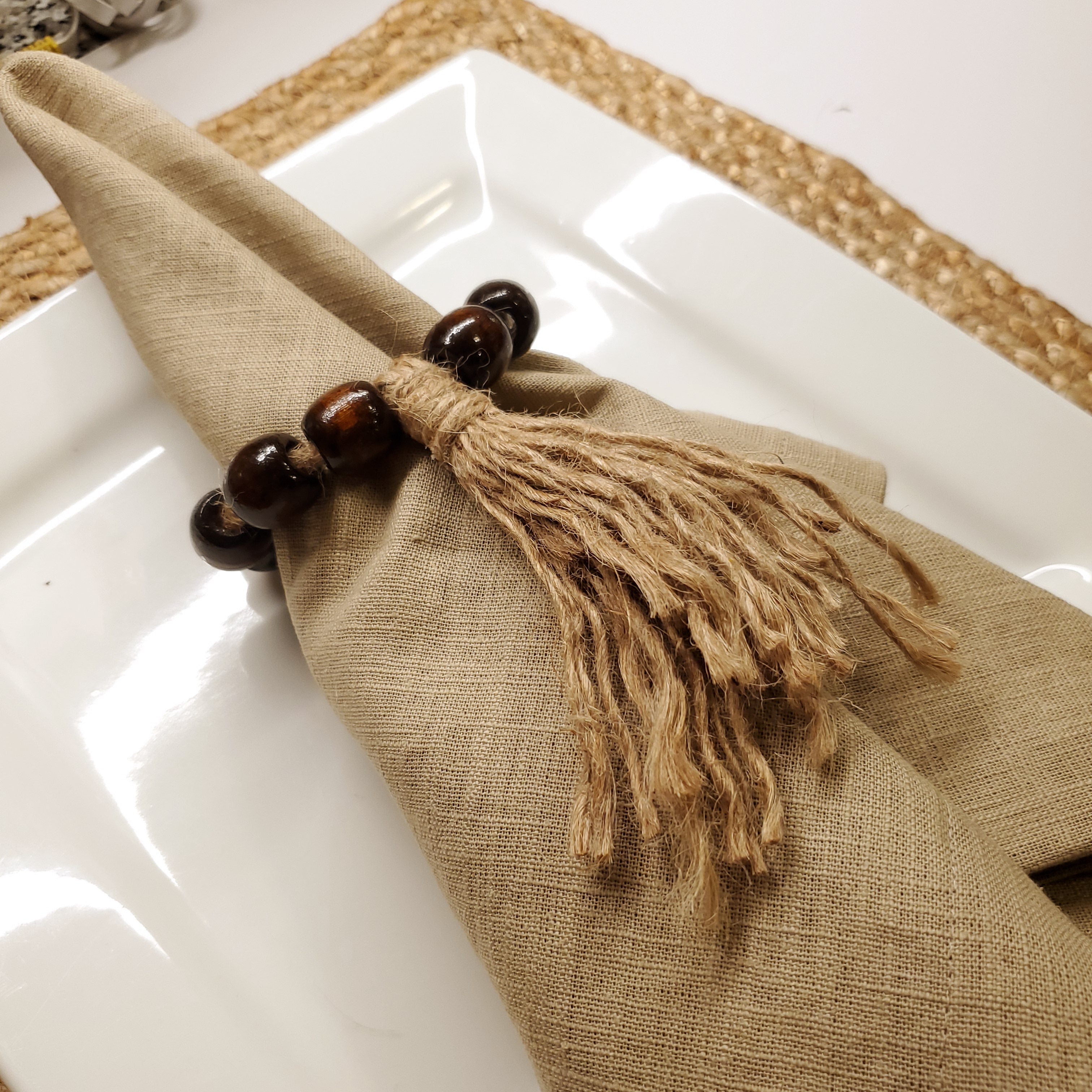 Set de 6 serviettes et ronds de serviette en lin (100 %) grès