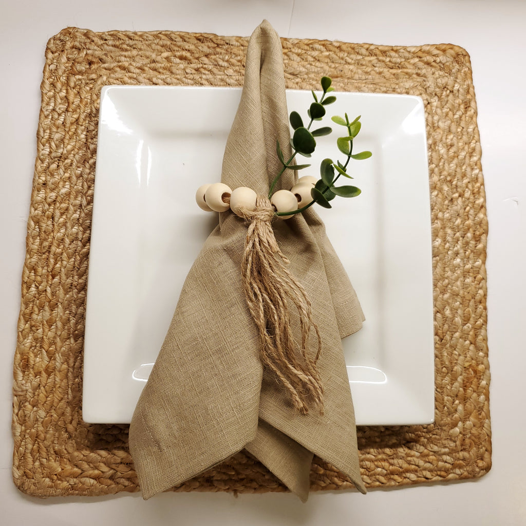 Set de 6 serviettes et ronds de serviette en lin (100 %) grès