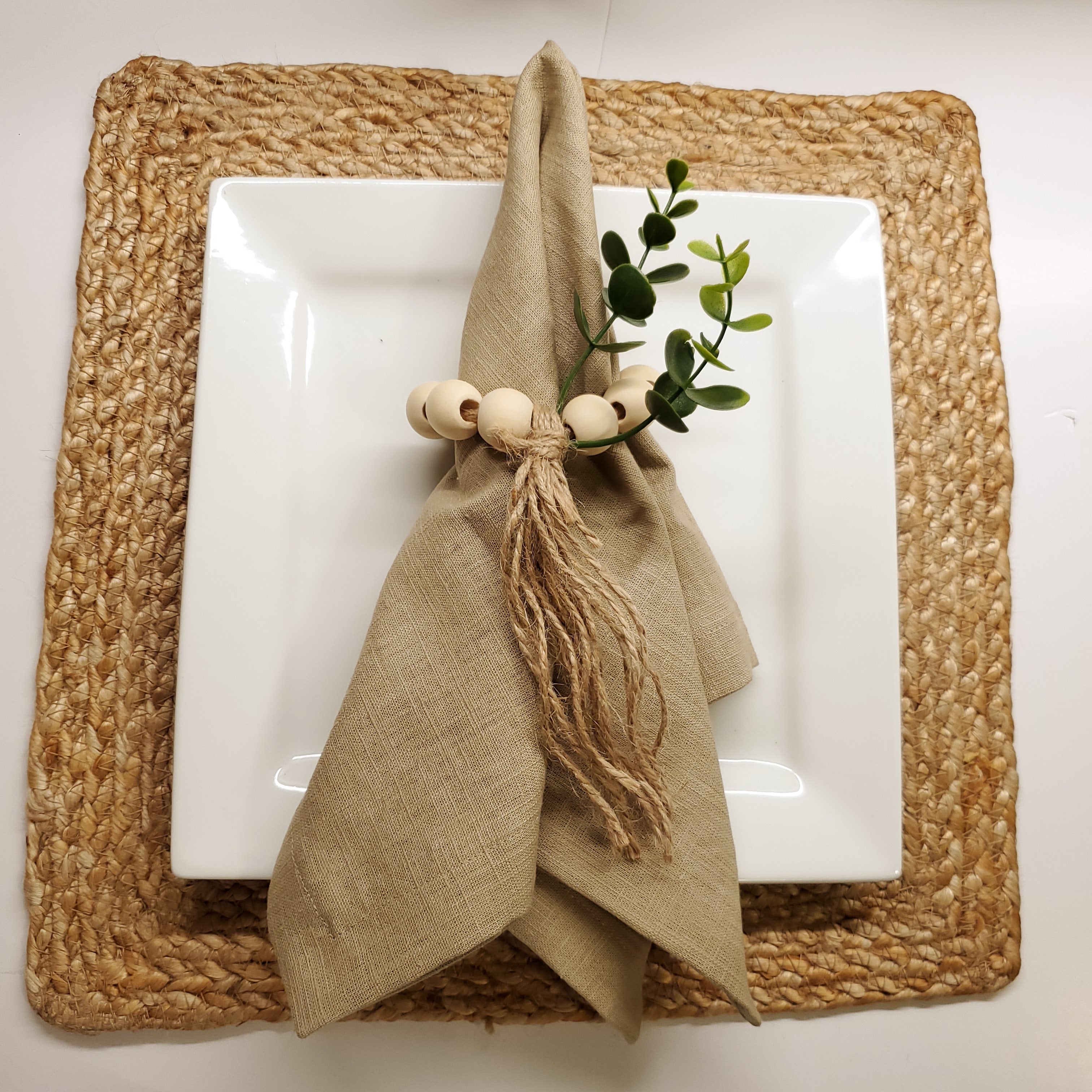 Set de 6 serviettes et ronds de serviette en lin (100 %) grès