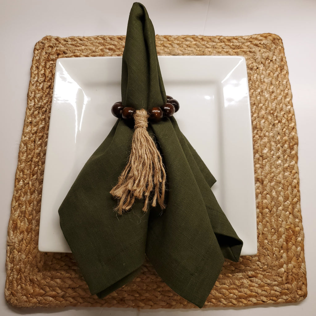 Lot de 6 serviettes et ronds de serviette 100 % lin Olivier