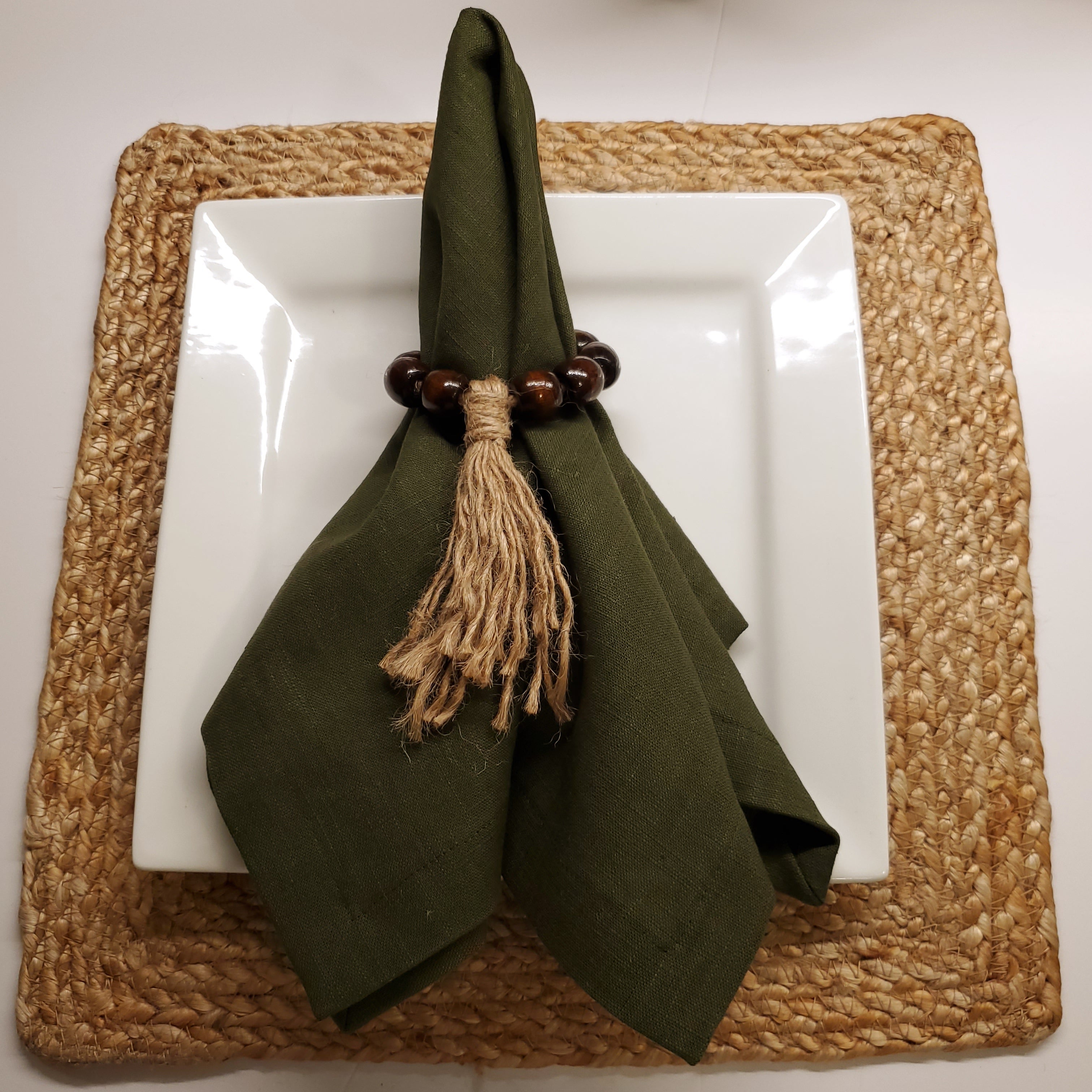 Lot de 6 serviettes et ronds de serviette 100 % lin Olivier