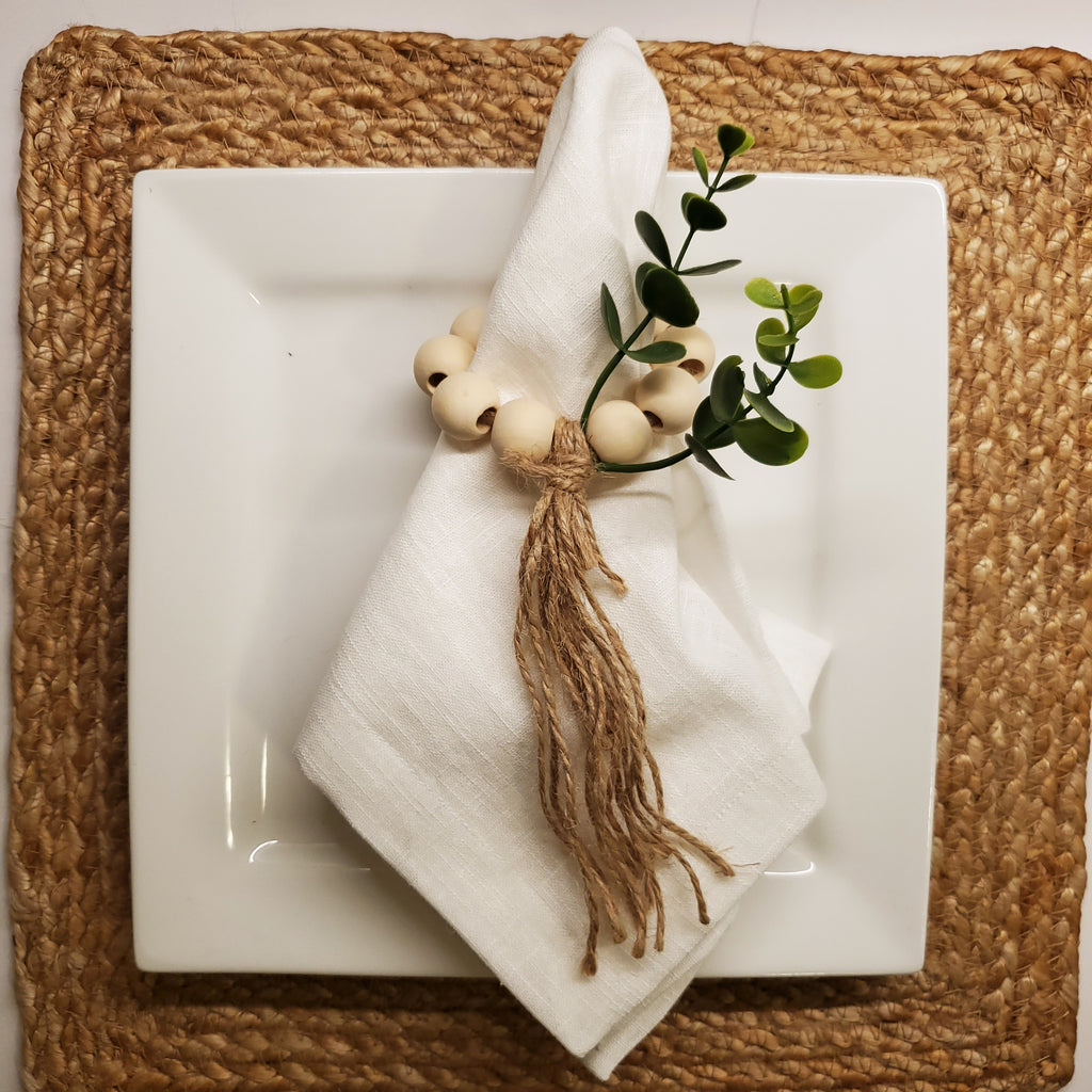 Lot de 6 serviettes et ronds de serviette en lin 100 % blanc « Épis de blé dorés »
