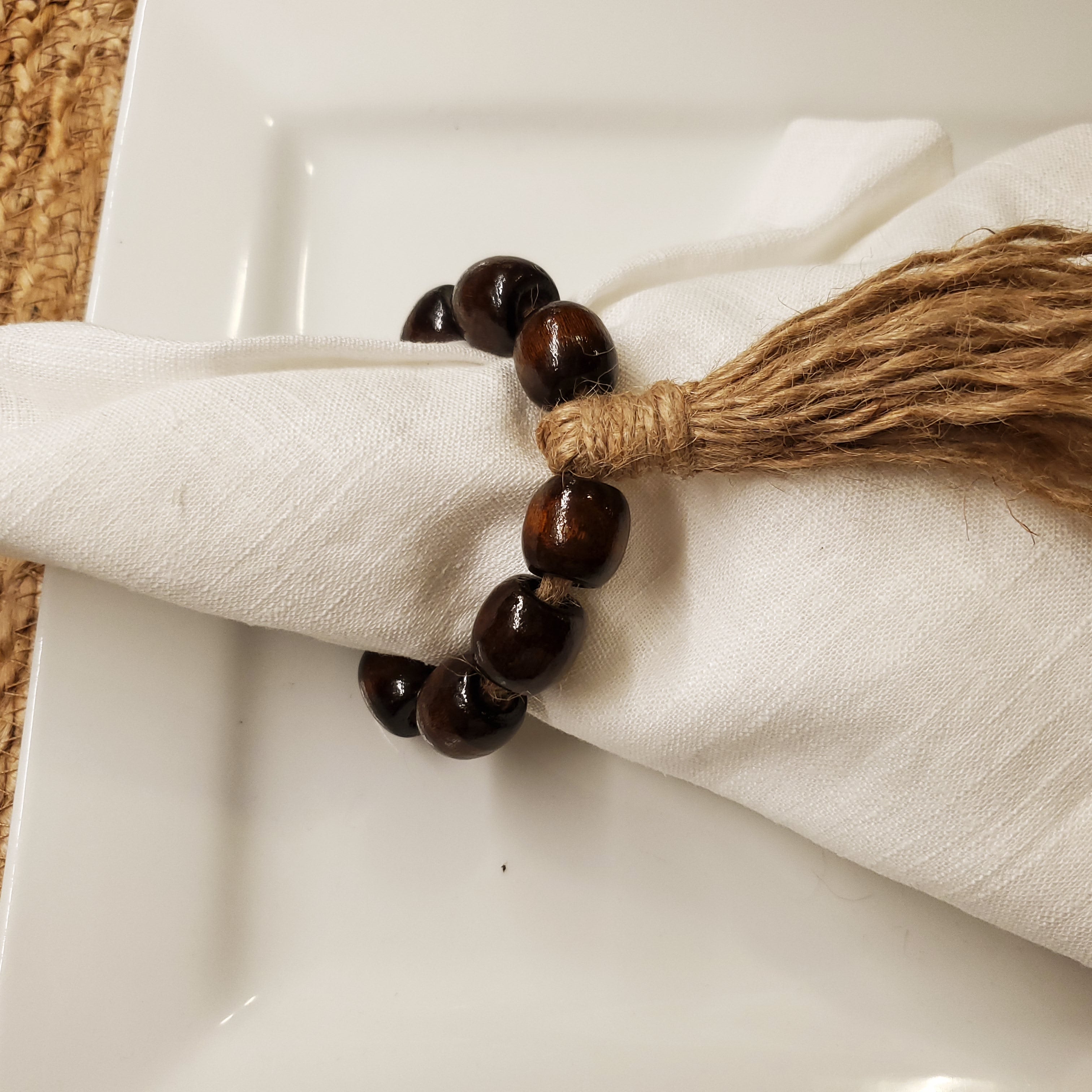 Lot de 6 serviettes et ronds de serviette en lin 100 % blanc « Épis de blé dorés »