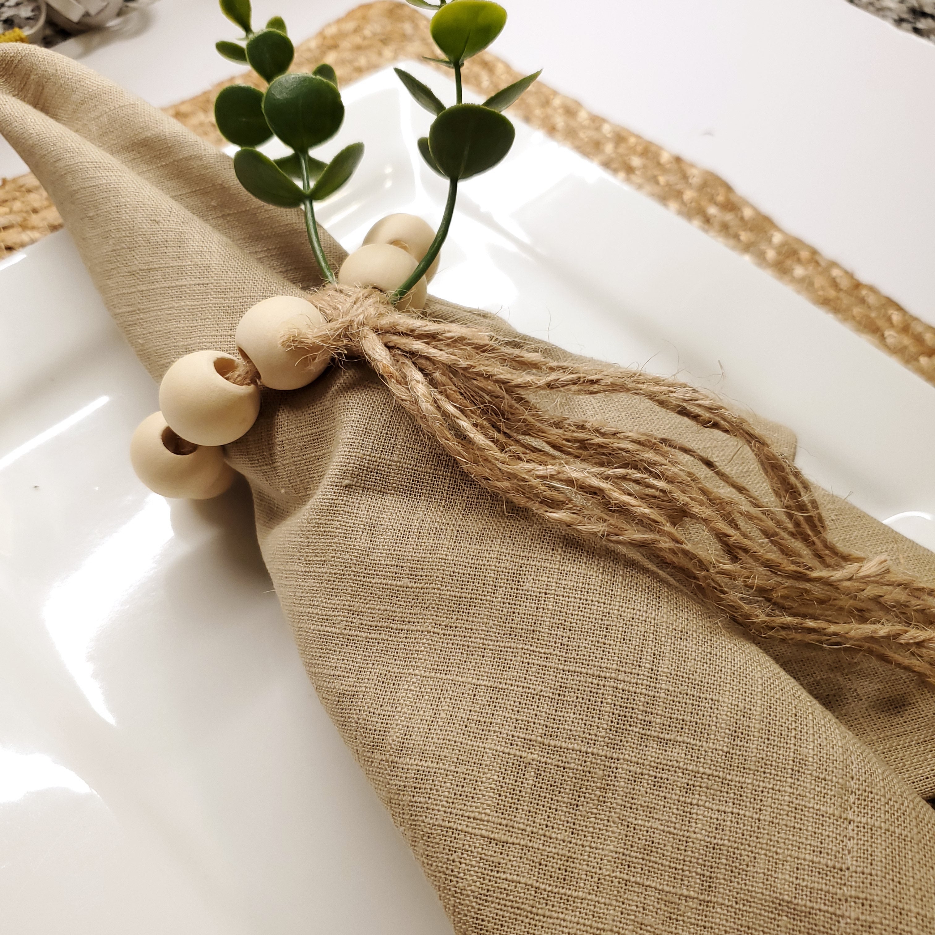 Set de 6 serviettes et ronds de serviette en lin (100 %) grès