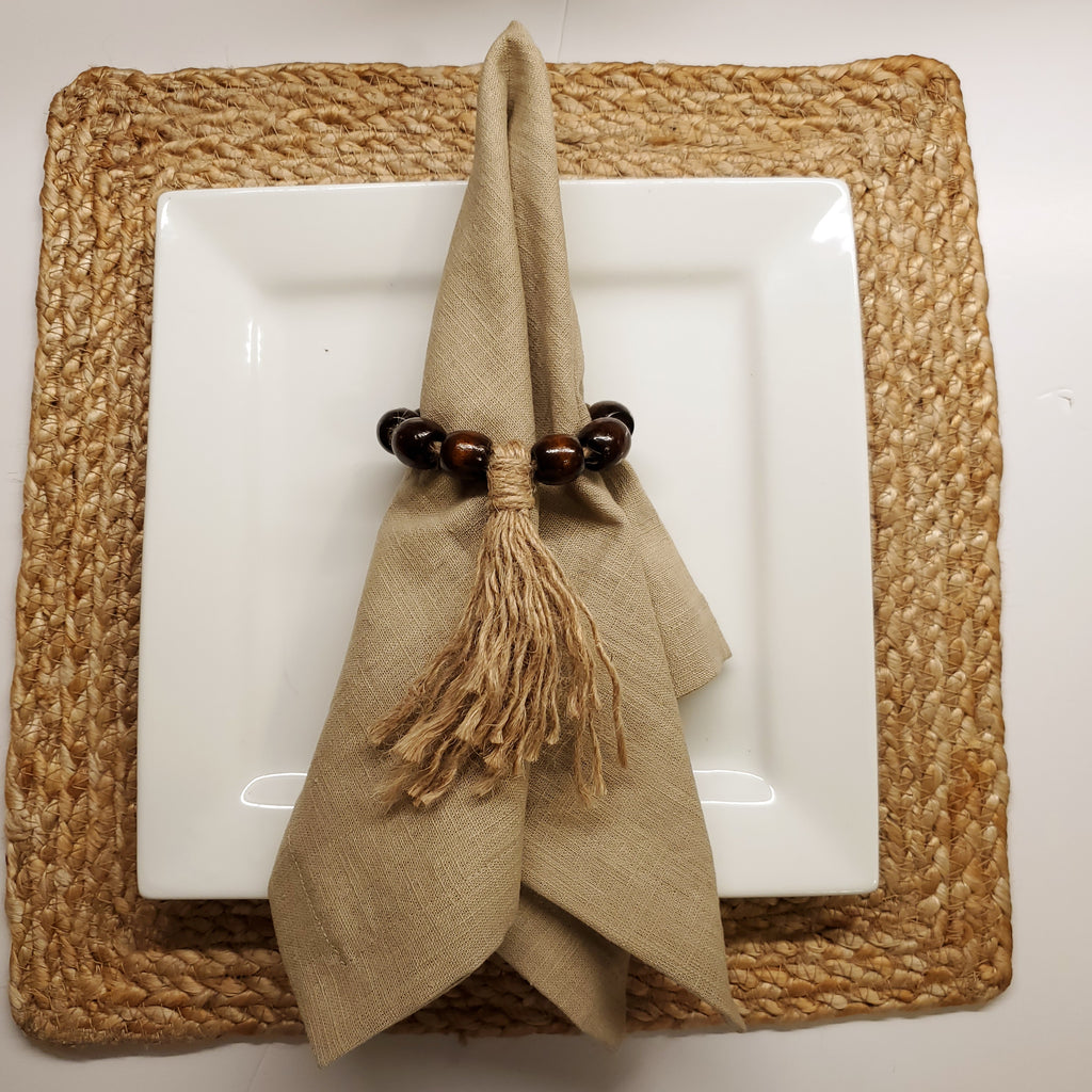 Set de 6 serviettes et ronds de serviette en lin (100 %) grès